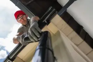 Ein Arbeiter kümmert sich um die Fallrohrsanierung am Haus